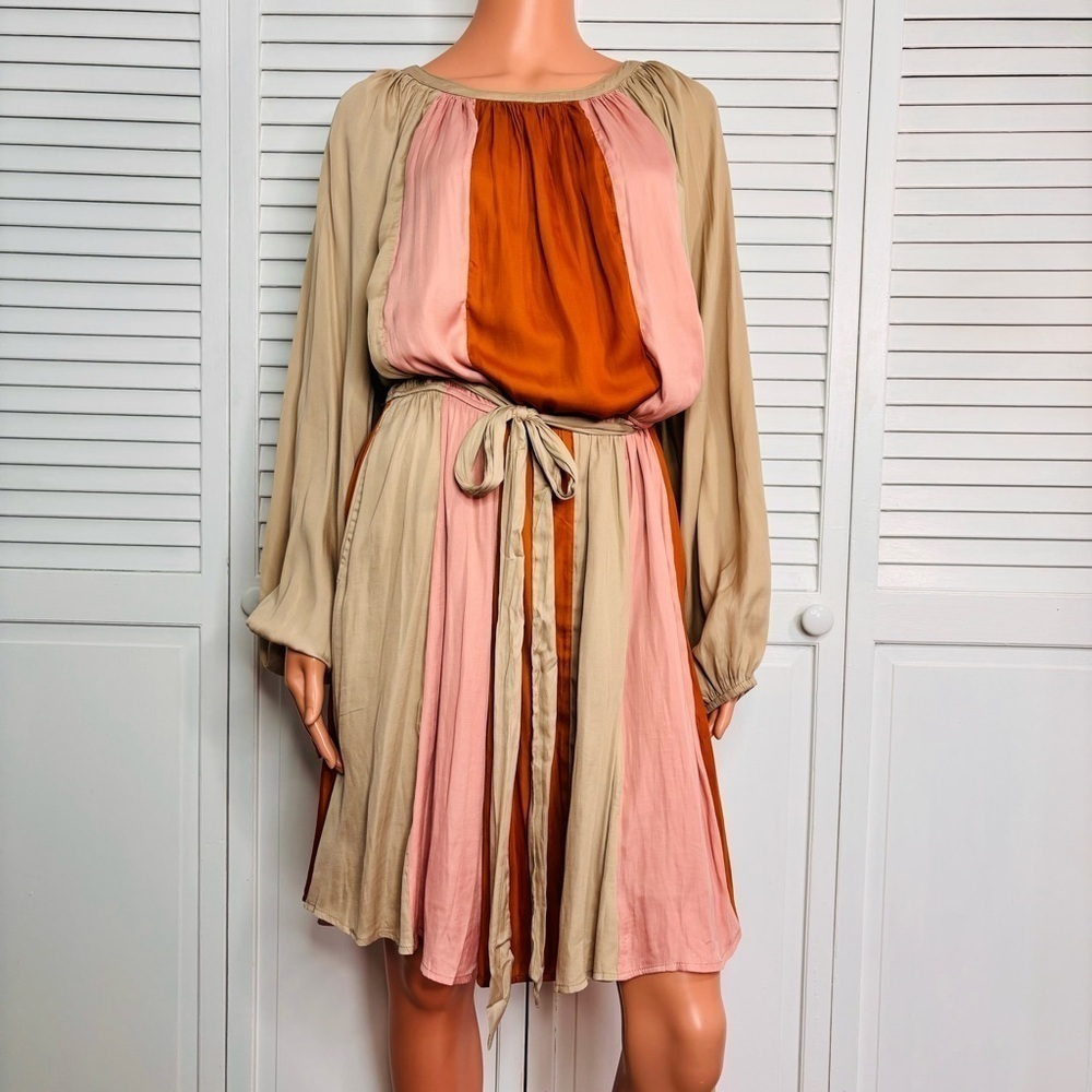 OLIVE & LEAF Soft Satin Color Block Belted Dress